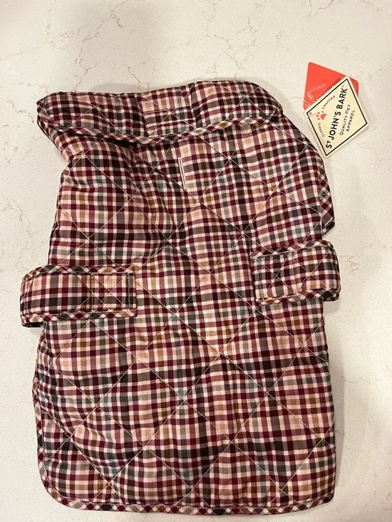 St. John's Bay Quilted Plaid Dog Coat in Burgundy, Cream, Brown