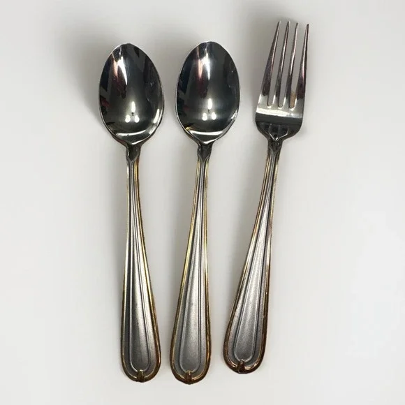 (2)‎ Teaspoons (1) Salad Fork Hampton Lorraine Stainless Gold Accent Outline