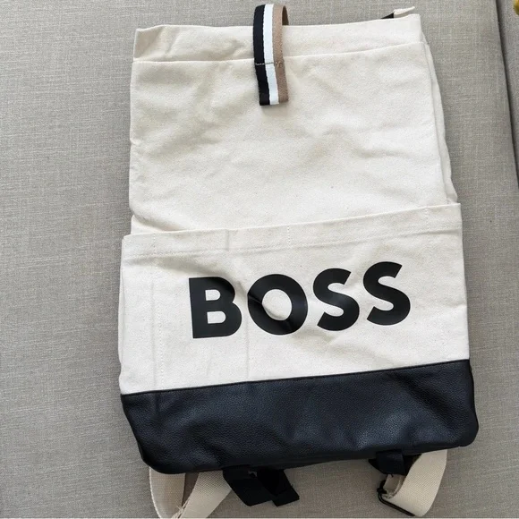 Hugo Boss Canvas Faux Leather Backpack Tote Black White Logo Unisex Casual