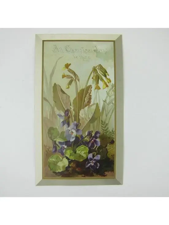 Victorian Christmas Card Flowers Violets Purple Green Leaves Girl Bonnet Antique