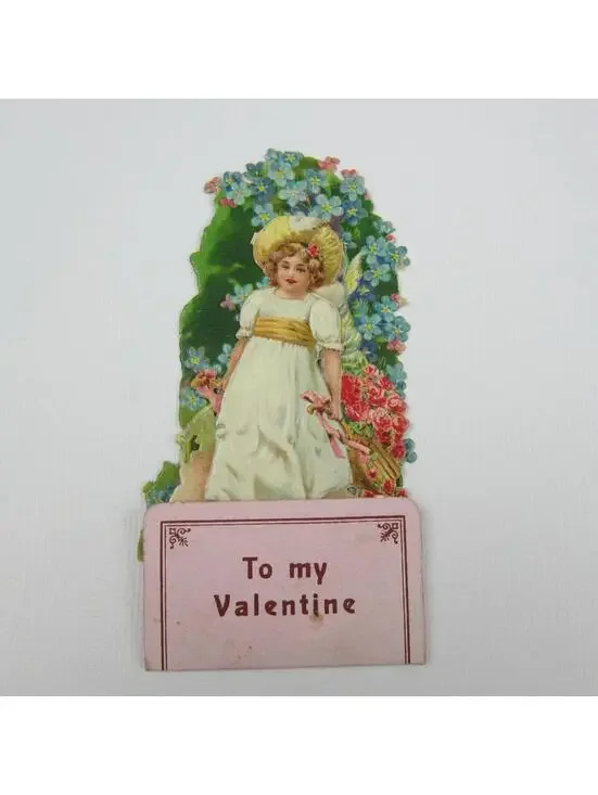 Vintage Valentine 3D Pop Up Die Cut Girl Hat Wheelbarrow Red Roses Blue Flowers