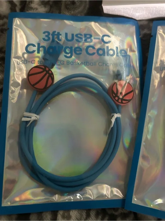 2 Blue 3ft USB-C Charge Cable with Basketball Charms