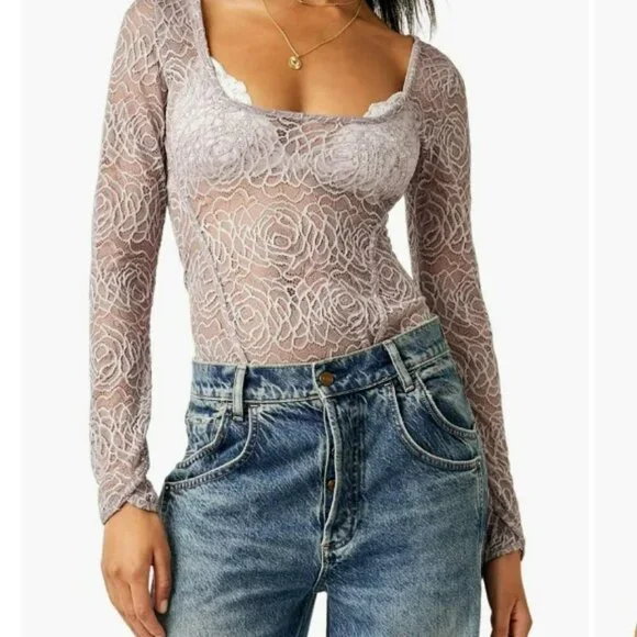 Free People Intimately in My Head Sheer Lace Lilac Purple Bodysuit Size M - NEW‎