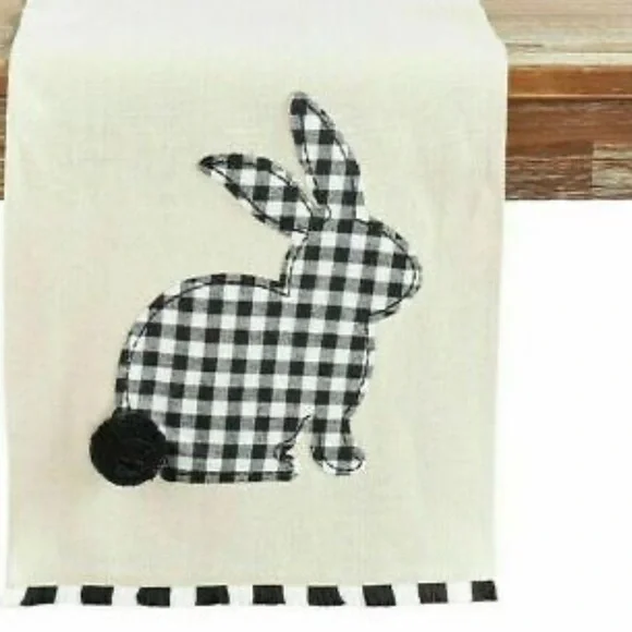 Pier 1 black and white gingham bunny pattern black fuzzy tail table runner