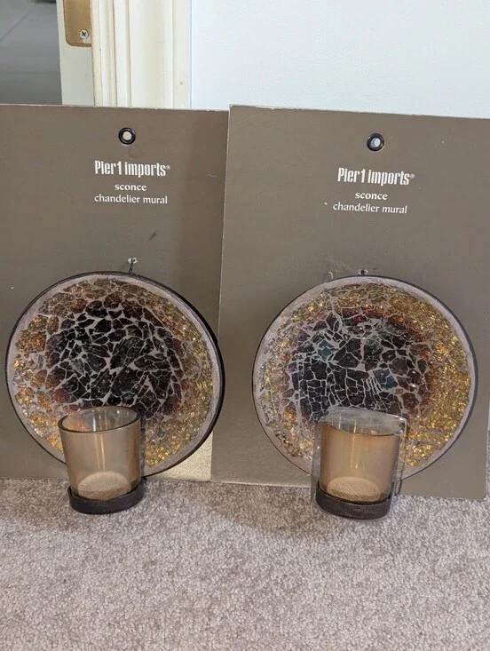 Pier 1 Amber and Bronze Mosaic Glass Wall Sconces for Tea Lights