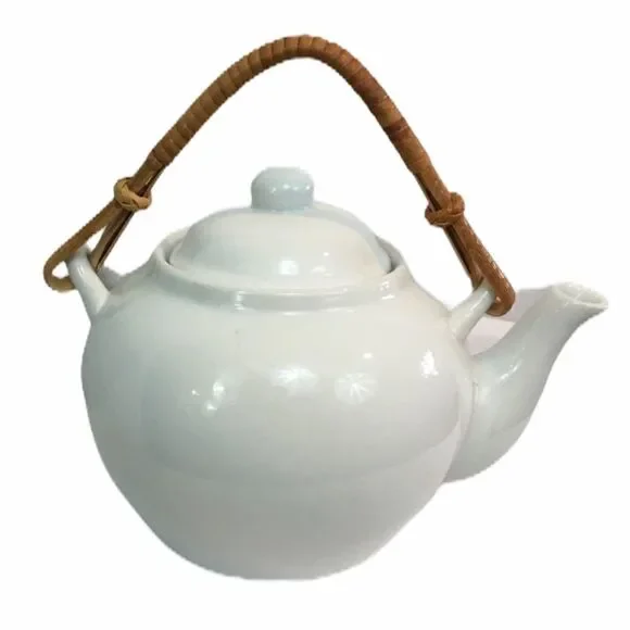 Pier 1 Sakai Bamboo Handle White Porcelain Teapot
