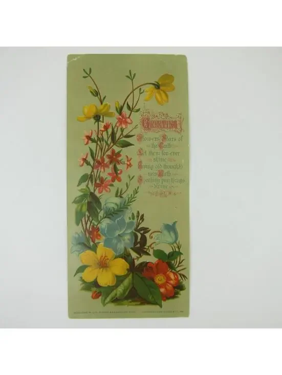 Victorian Greeting Card LARGE Flowers Red Yellow Blue Pink Antique 1881