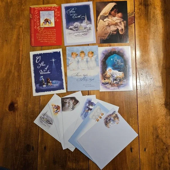 Vintage Religious Christmas Card & Matching Envelopes Lot Nativity Angels