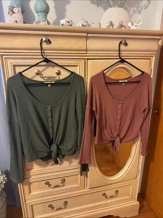 Express Waffle-Knit Tie-Front Tops - Olive Green & Mauve