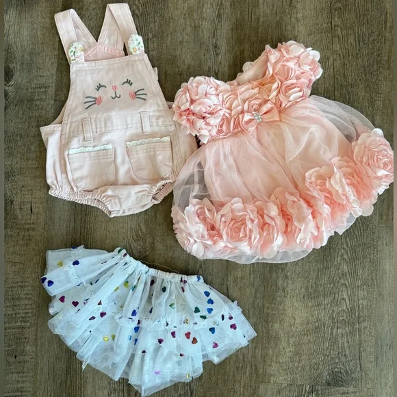 Pink Floral Dress and Overalls Set for Kids