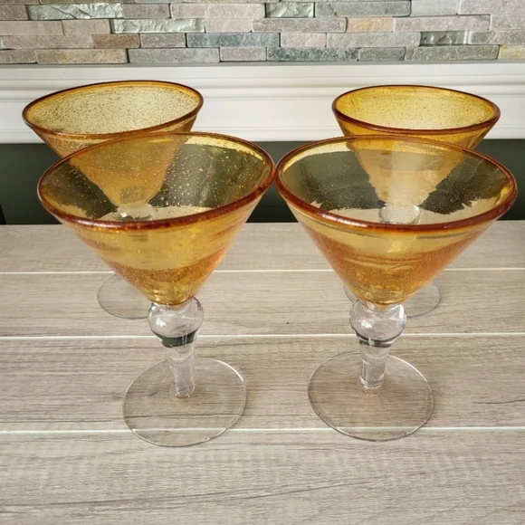Pier 1 Amber Bubble‎ Blown Martini Glasses Set of 4