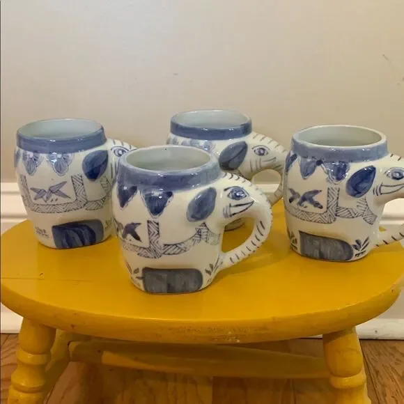 Blue and White Elephant Ceramic Mugs set of 4: pier 1