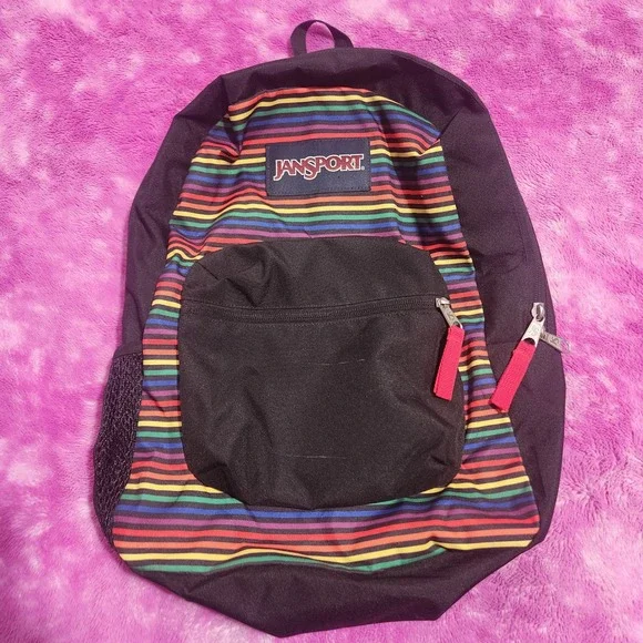 Jansport Cross Town Backpack Rainbow Stripe Black School Bag‎ 16.5 Inch