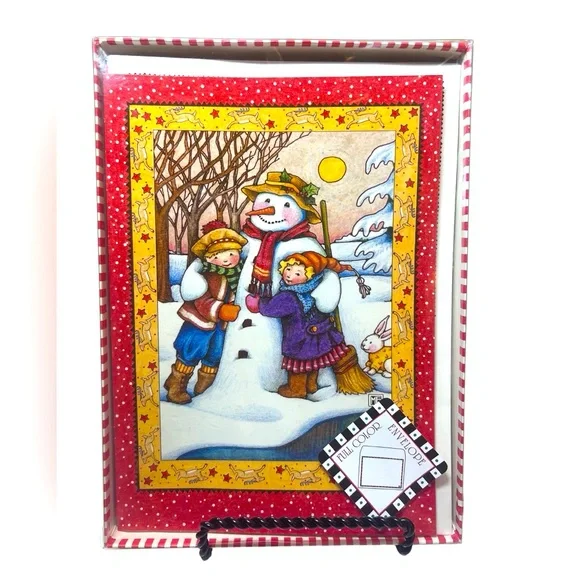 15 Vintage Christmas Cards Featuring a Snowman & Kids with Pattern Envelopes.