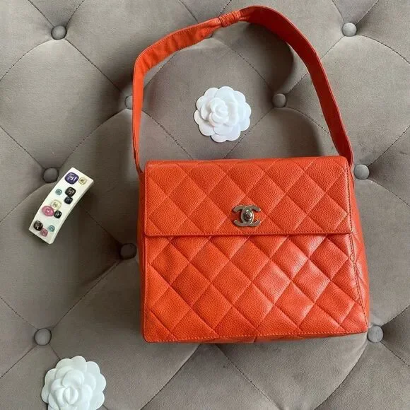 CHANEL Caviar Quilted Shoulder Bag Orange