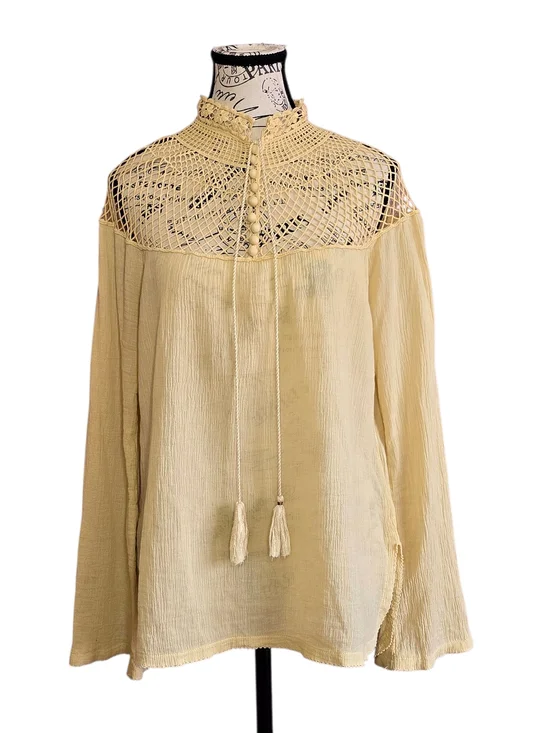 Free People On The Island Yellow Crochet Long-Sleeve Blouse M
