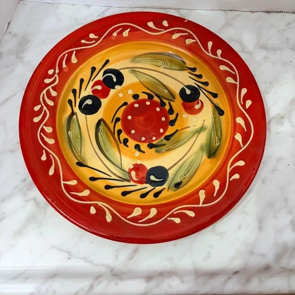 Pier 1 Imports Olive Salad Plate Hand Painted Ceramic Spain Red Yellow 8.5 Inch