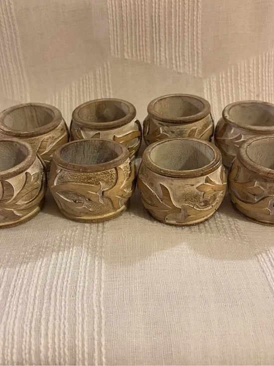 Pier 1 Carved Wooden Napkin Rings Set of 8 - whitewashed