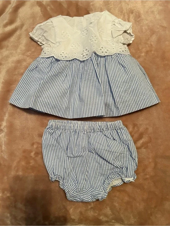 Janie and Jack Blue & White Eyelet Top with Striped Bloomers