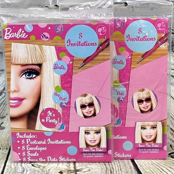 Barbie 8 Invitations Party‎ Pack Envelopes Seals Stickers Kids Birthday Fun