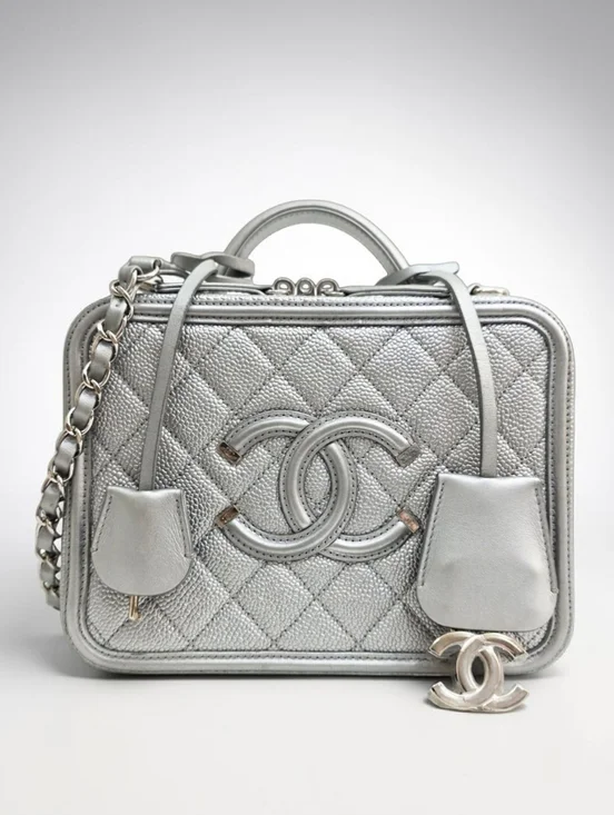 Chanel CC Filigree Vanity Case Medium Metallic Silver Caviar Crossbody Bag