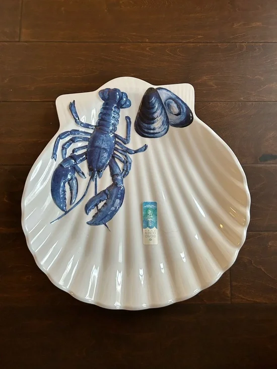 Sigrid Olsen Oyster Melamine Platter Blue White Lobster New Round