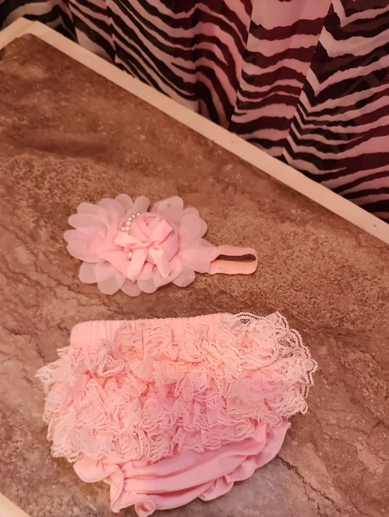 Pink Lace Ruffle Baby Bloomers & Headband Set