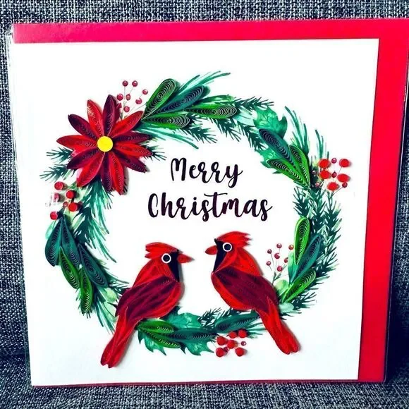 Christmas Cardinal Wreath Holiday Quill Card Greeting Card