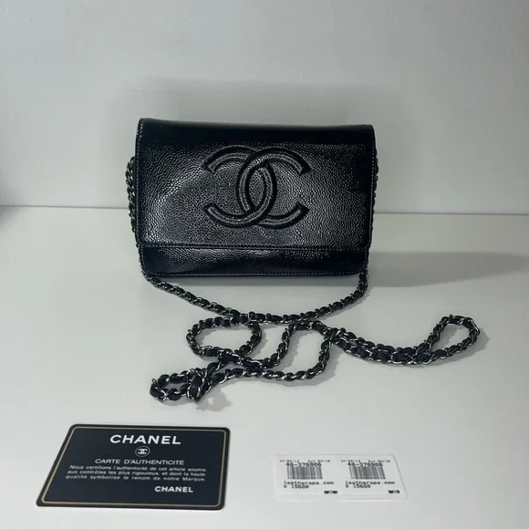 CHANEL | Black Patent Caviar Leather Wallet on Chain