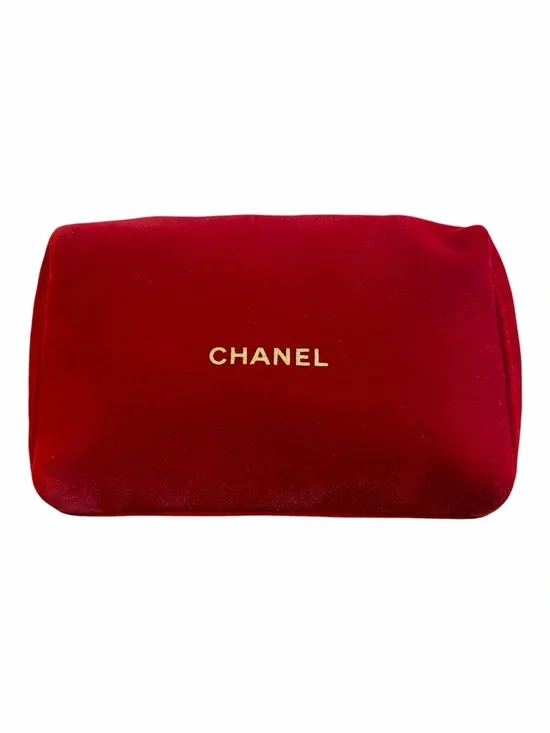 CHANEL Red Velvet Cosmetic Pouch with Gold Logo