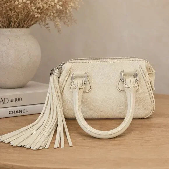 Chanel LAX Small Bowler Cream Pebbled Leather Silver Tassel 2003