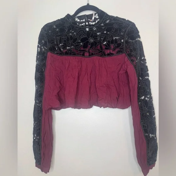 Free People Black and Burgundy Lace Crop Top
