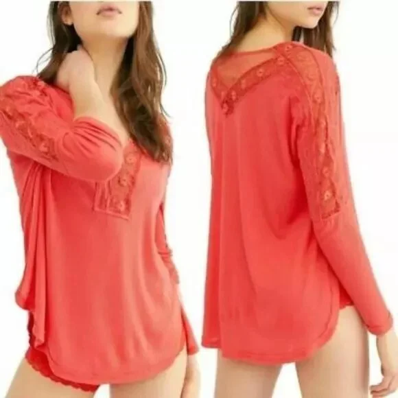 Free People Pink Lola Lace Floral V-Neck Sheer Coral Top Shirt Size Small