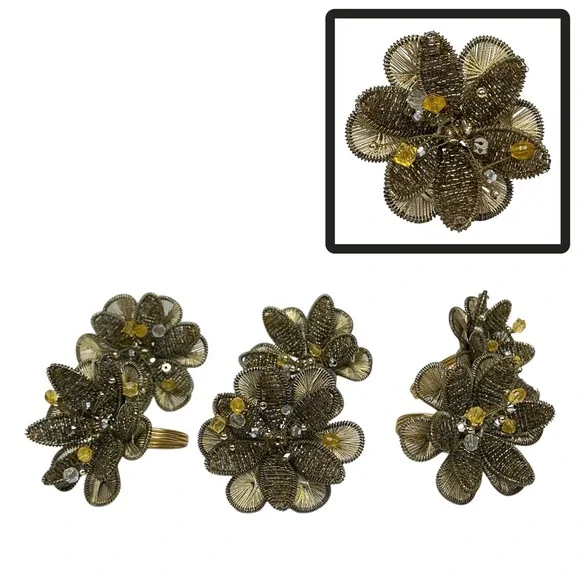 Pier 1 Beaded Metal Flower Napkin Ring‎ Set Of 6 Gold Tone Yellow Spun Wire