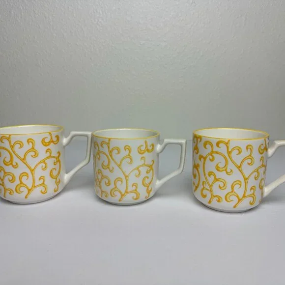 Pier 1 Imports Porcelain Coffee Cup Mug Yellow Pattern Set of 3