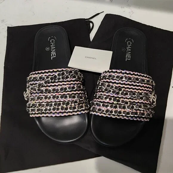 Chanel Leather & Tweed Black Slides, Authentic