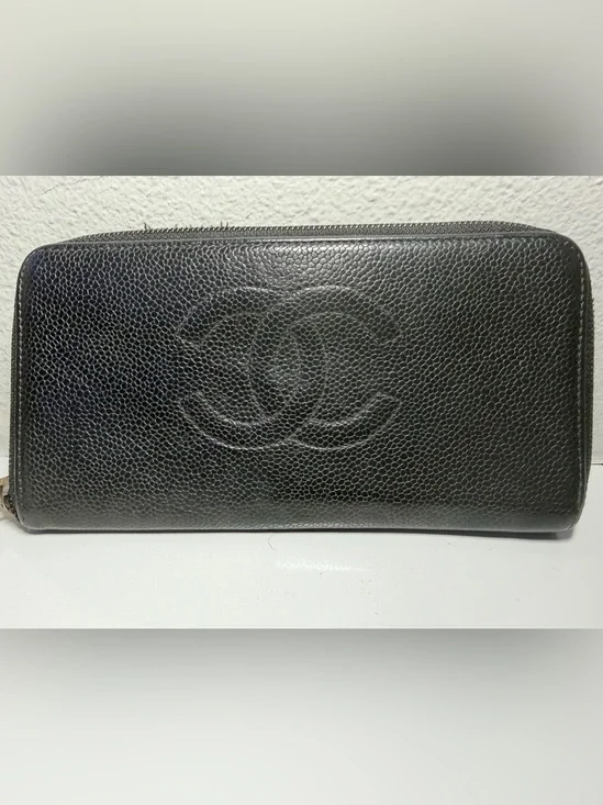 COA included - CHANEL Black Caviar Zip-Around Wallet with Embossed CC