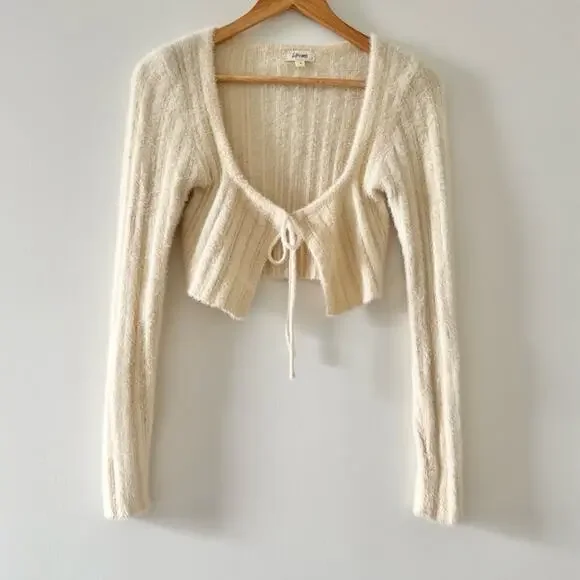 Y2K Bittersweet Tie Front Fuzzy Cropped Cardigan Cream Size S Coquette Girl