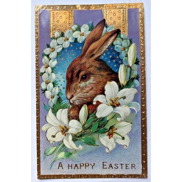 Easter Greetings Antique Postcard Rabbit Lilies Flowers Gold Gilt Embossed c1910