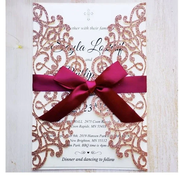 20x Laser Cut Lace Flora Wedding Invitation Cards with Ribbon Bow and Envelop...