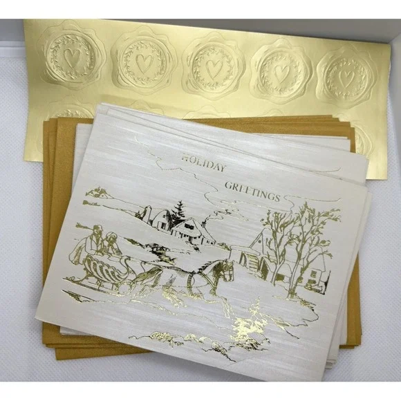 Vintage Craftmount Photo Frame Holiday Cards Gold Sleigh Gold Envelope Lot of 10