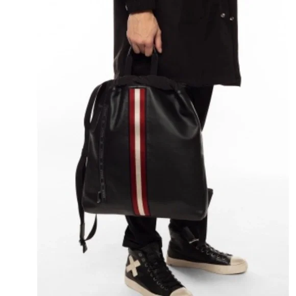 Bally Havier | Black Leather Backpack| w/ Stripe