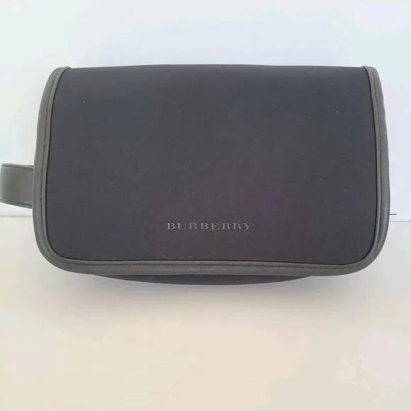 Burberry Wristlet Clutch Soft Toiletry Zip Bag Pouch Black Logo Medium Unisex
