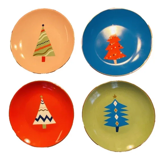 Rare PIER 1 Christmas Tree Plate Set (4) Colorful Holiday Appetizer Canape 6”