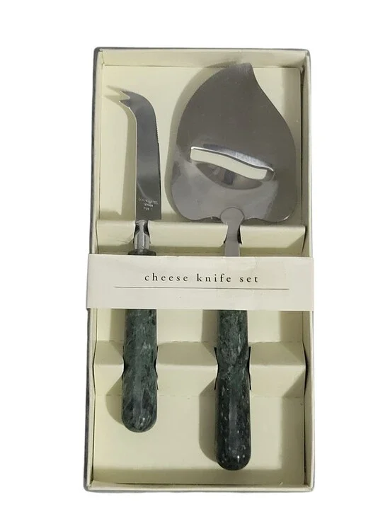 2-Pc Pier 1 Cheese Knife Set Green Marble Handles Stainless Steel Hostess Gift