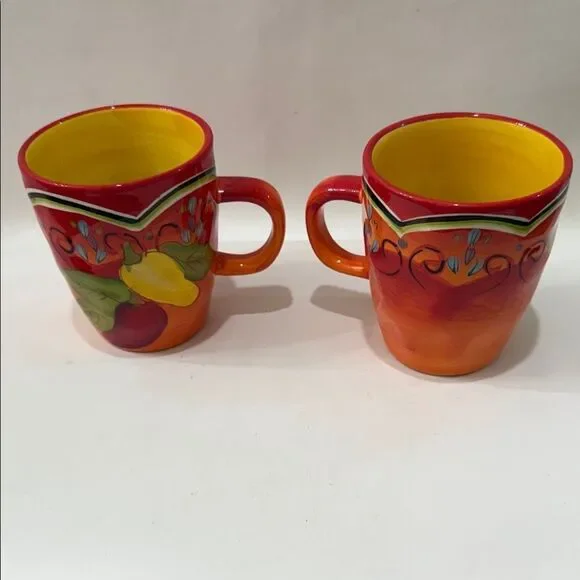 Pier 1 Vibrant Pasilla Red Yellow 2 Mug Set Vintage Pepper Design 3 In Round