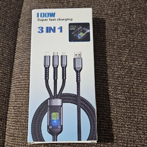 NWT 100W 3-in-1 Super Fast Charging Cable - Black. Type C
