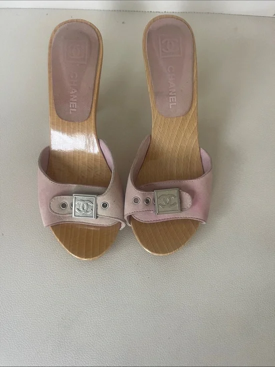 CHANEL Pink Leather Slide Mules with Silver CC Buckles