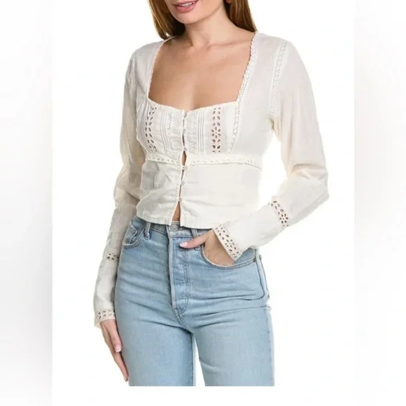 Free People Joi Eyelet Cropped Blouse size Small Off White