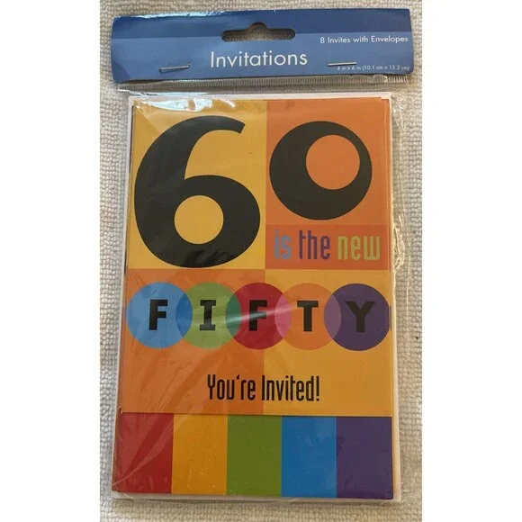 New Sealed Glitterwrap 60th Birthday Party Invitations 8 Count 4 in x 6 in